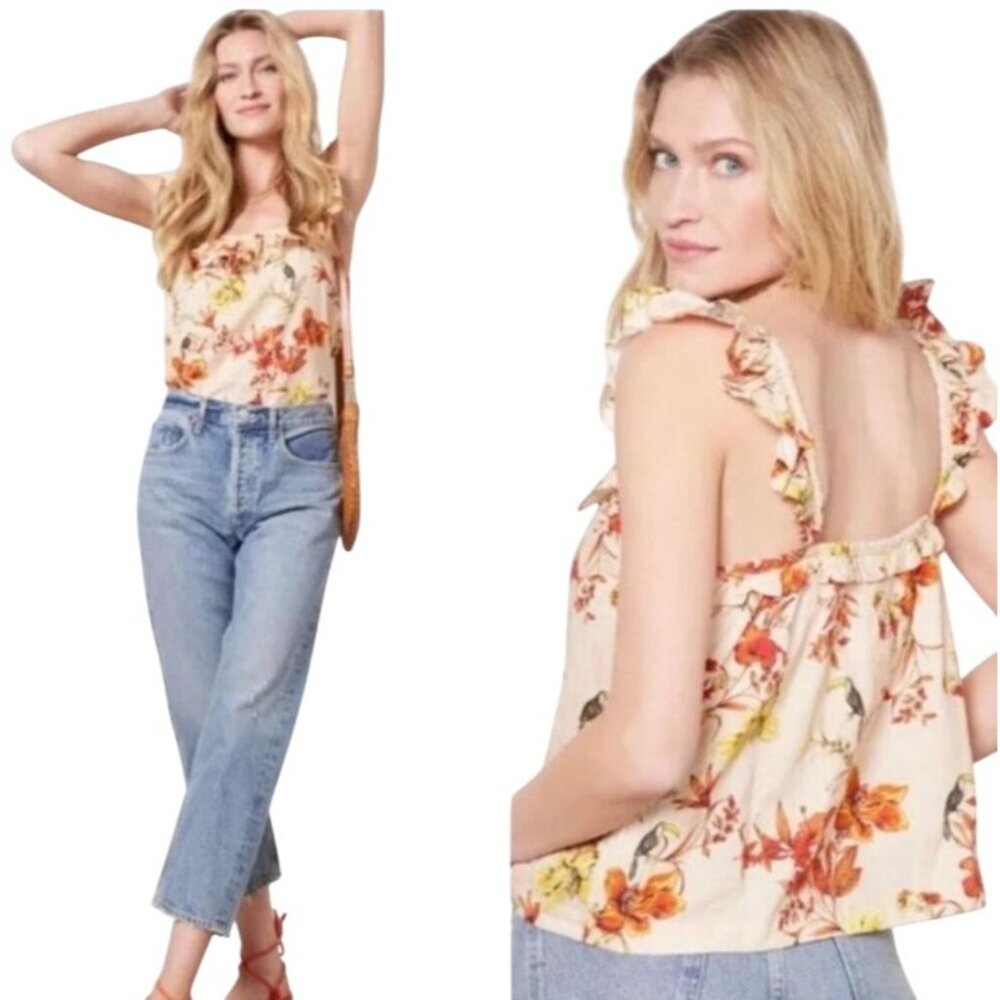 Evereve Women's Large Char Floral Flutter Tank Cream/Orange Linen & Rayon Blend